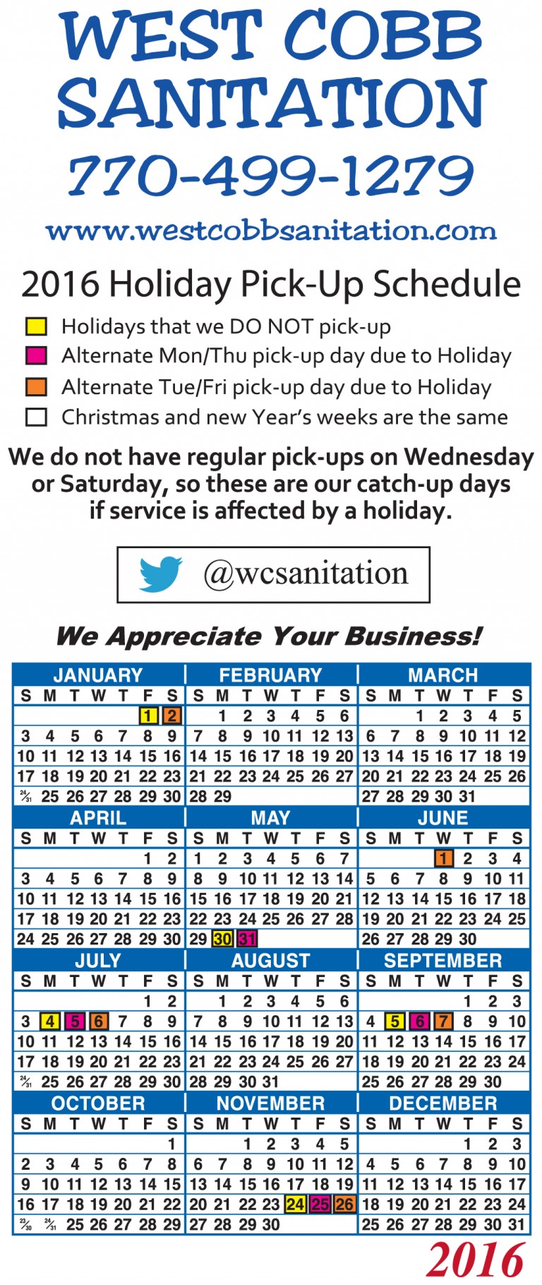 2016 Holiday Schedule - West Cobb Sanitation